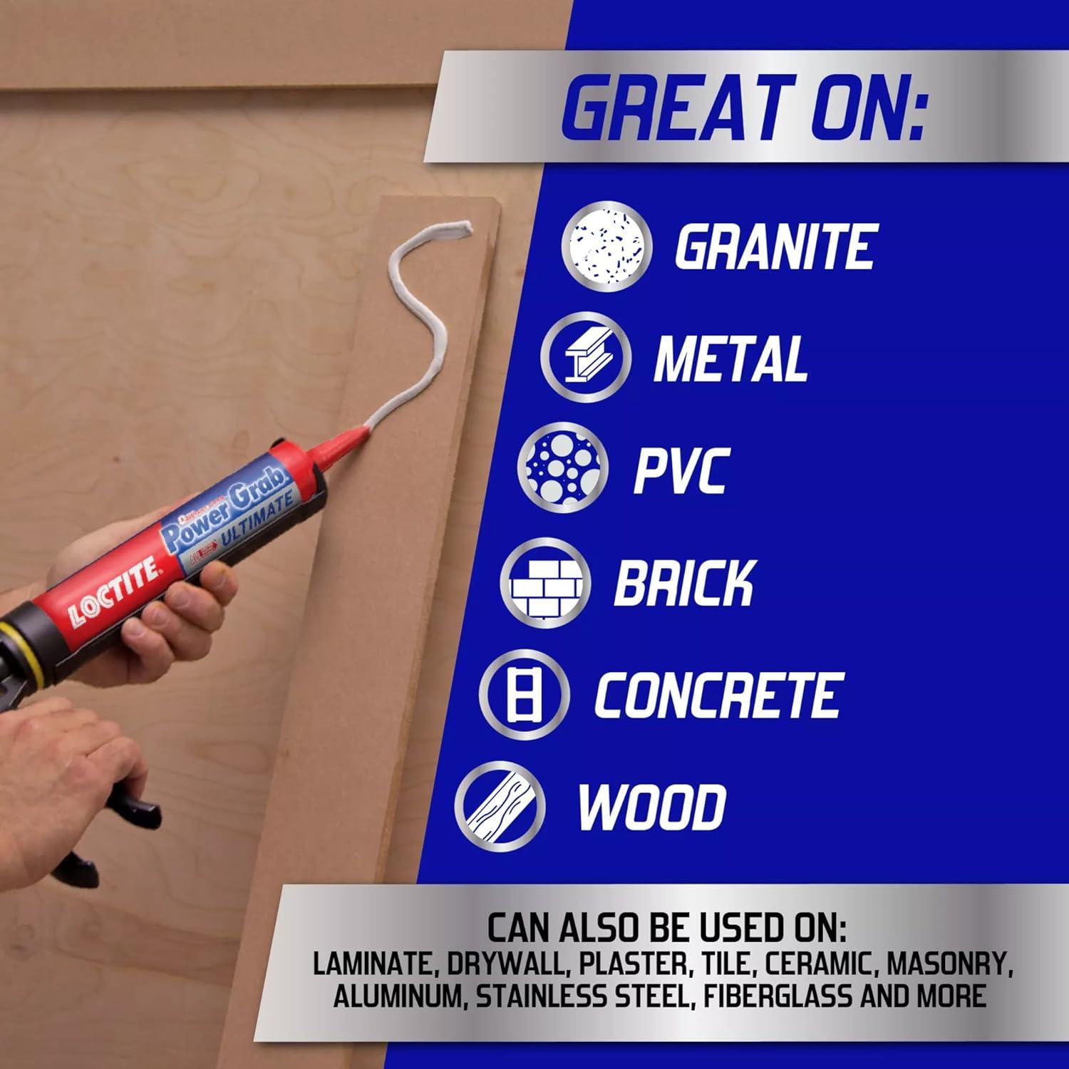 imageLoctite Power Grab Ultimate Construction Adhesive Versatile High Strength Wide Temperature Range Construction Glue  9 fl oz Cartridge Pack of 19 fl oz Cartridge  Pack of 12