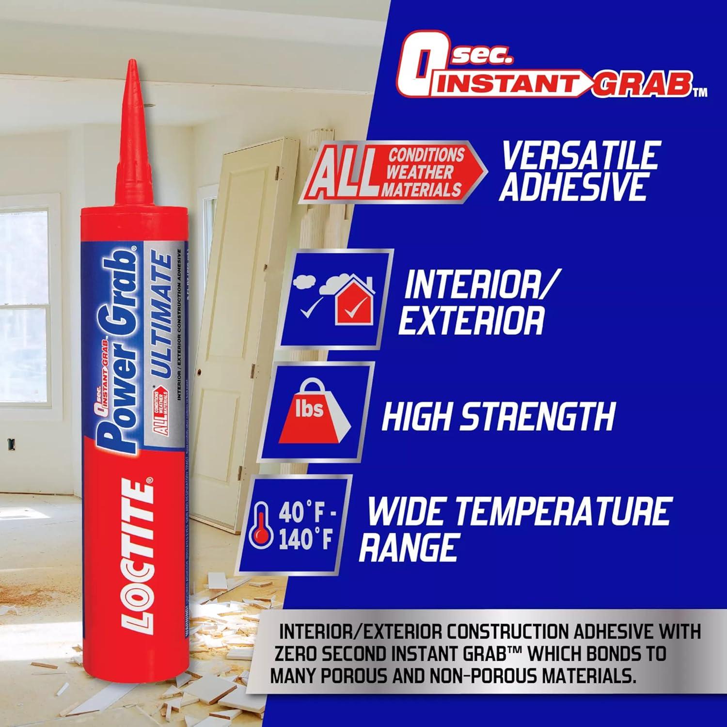 imageLoctite Power Grab Ultimate Construction Adhesive Versatile High Strength Wide Temperature Range Construction Glue  9 fl oz Cartridge Pack of 19 fl oz Cartridge  Pack of 12
