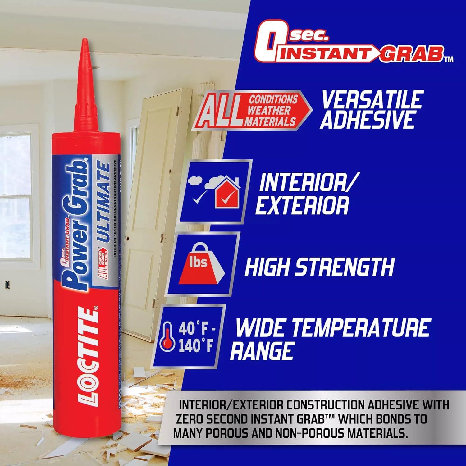 imageLoctite Power Grab Ultimate Construction Adhesive Versatile High Strength Wide Temperature Range Construction Glue  9 fl oz Cartridge Pack of 19 fl oz Cartridge  Pack of 1